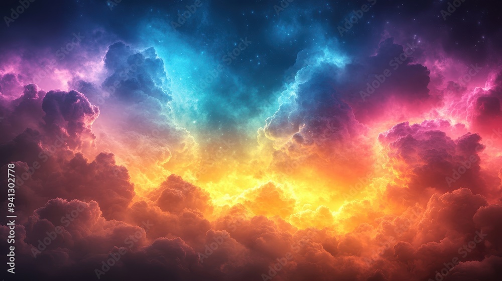 Vibrant Colorful Cloudscape with Dramatic Lighting and Starry Sky - Stunning Abstract Nature Background for Creative Projects and Inspirational Designs Vibrant Colorful Cloudscape with Dramatic Lighting and Starry Sky - Stunning Abstract Nature Background for Creative Projects and Inspirational Designs