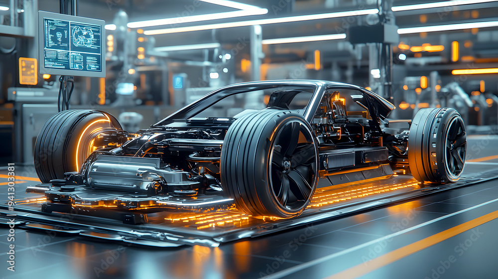 Futuristic A cutting-edge electric vehicle chassis displayed on an advanced, high-tech factory floor. The chassis features glowing components, and the factory is filled with holographic Futuristic A cutting-edge electric vehicle chassis displayed on an advanced, high-tech factory floor. The chassis features glowing components, and the factory is filled with holographic