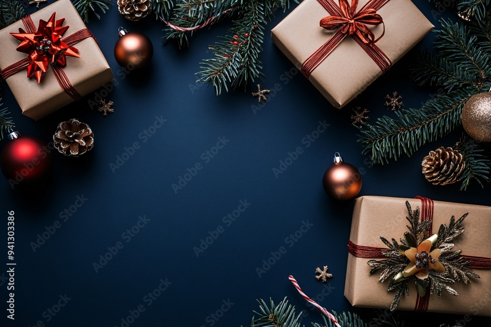 Christmas decoration background with pine branches, christmas balls and gifts Christmas decoration background with pine branches, christmas balls and gifts