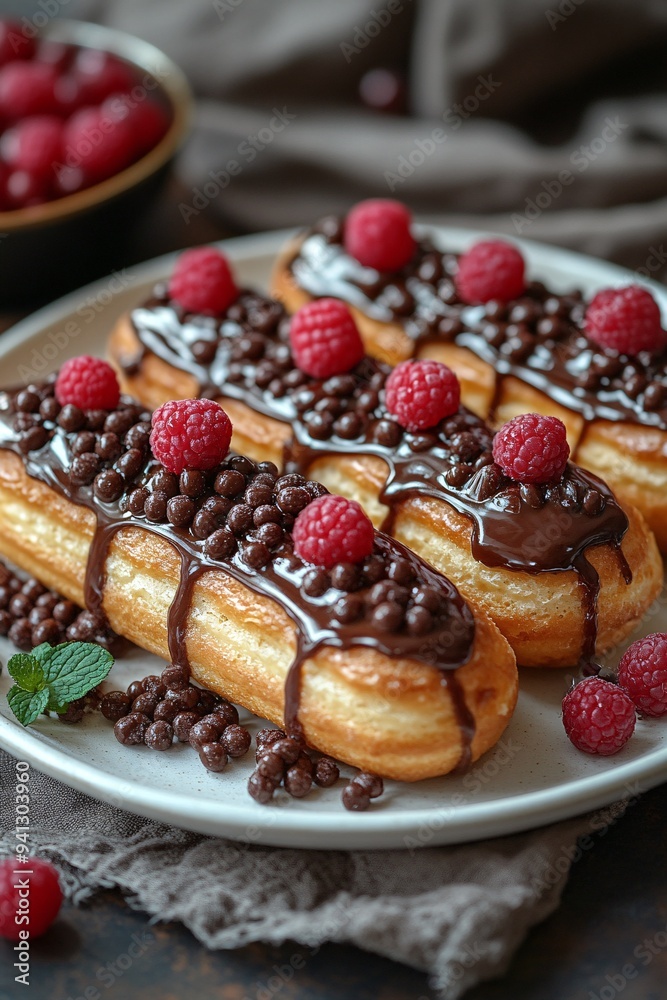Close-up of eclairs with chocolate and raspberries on top Close-up of eclairs with chocolate and raspberries on top