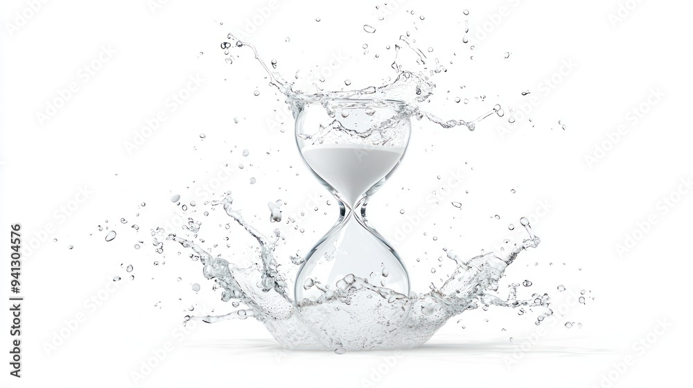 Captivating Hourglass Water Splash with Suspended Droplets, Frozen in Time on White Background, Generative Ai Captivating Hourglass Water Splash with Suspended Droplets, Frozen in Time on White Background, Generative Ai