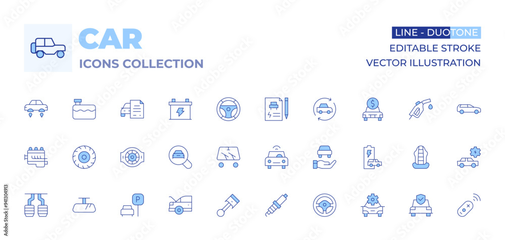 Car icons collection. Line Duotone style, editable stroke. trunk, car engine, steering wheel, rearview mirror, wiper, parking, car, wheel, connected car, car pedals, piston, spark plug Car icons collection. Line Duotone style, editable stroke. trunk, car engine, steering wheel, rearview mirror, wiper, parking, car, wheel, connected car, car pedals, piston, spark plug