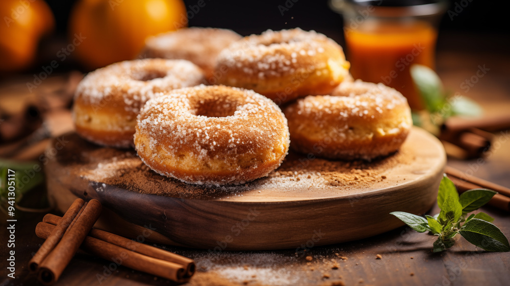 Pumpkin Cinnamon Donuts On Rustic Wooden Board With Fresh Herbs Pumpkin Cinnamon Donuts On Rustic Wooden Board With Fresh Herbs