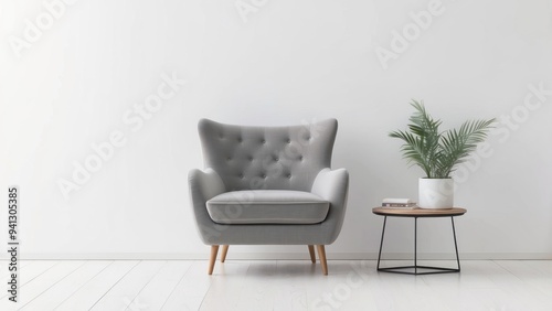 Gray Armchair with Wooden Legs and End Table in a Minimalist Setting