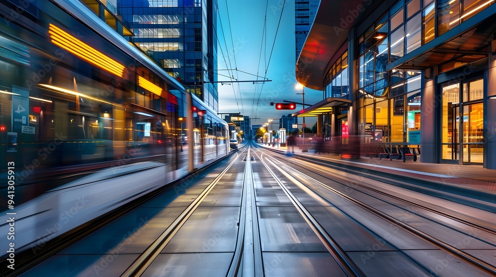 Fototapeta premium A photograph of an electric train moving rapidly through the city, with buildings on both sides
