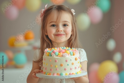 Joyful birthday celebration for a young girl featuring a stunningly decorated cake and treats photo