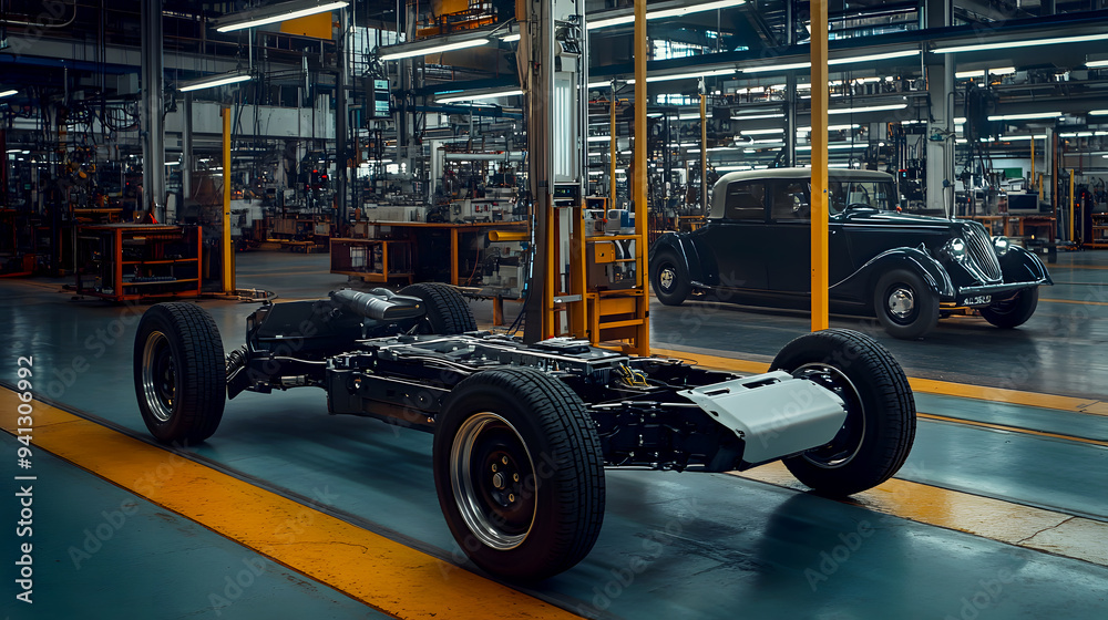 Fototapeta premium Historical Comparison The electric vehicle chassis is placed on a factory floor alongside the chassis of a classic gasoline vehicle, highlighting the evolution of automotive technology