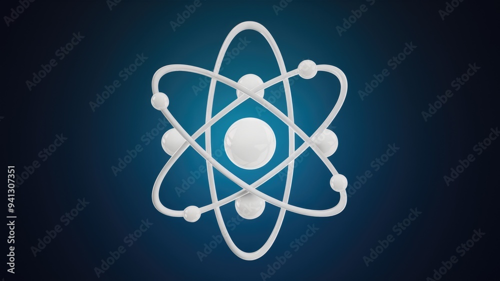 3D rendering of an atom with a dark blue background. 3D illustration.