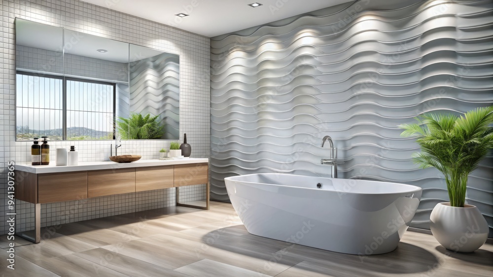 contemporary glass tile with matte finish for modern bathroom design minimalist style minimalist gray and white color scheme wave patterned backsplash luxurious spa-like ambiance contemporary glass tile with matte finish for modern bathroom design minimalist style minimalist gray and white color scheme wave patterned backsplash luxurious spa-like ambiance