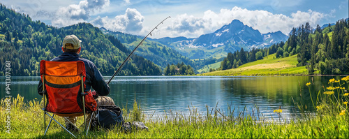 Fisherman sitting on camping chair fishing with rod close-up, copy space photo