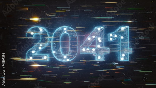 3D rendering of futuristic 2041 text featuring visual effects of technological malfunctions, showcasing striking screen glitches and diverse interference types.