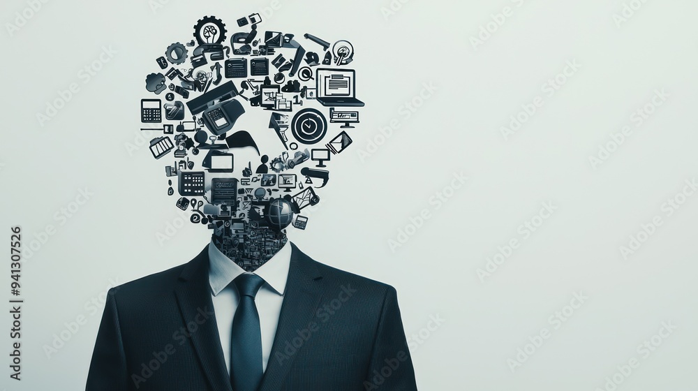 Overwhelmed Businessman: Chaos of Office Icons in Silhouette Symbolizes Mental Overload, Generative Ai Overwhelmed Businessman: Chaos of Office Icons in Silhouette Symbolizes Mental Overload, Generative Ai