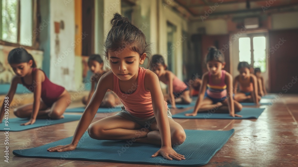 Positive children performing yoga exercises. Kids doing gymnastic exercises, family health concept Positive children performing yoga exercises. Kids doing gymnastic exercises, family health concept