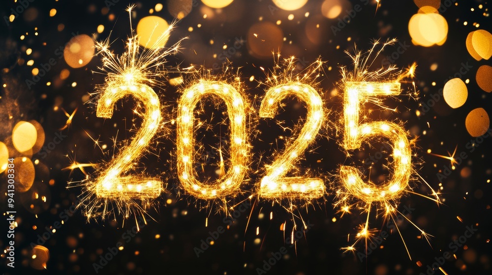 A black background with glittered Happy New Year 2025, a glittered Happy New Year 2025