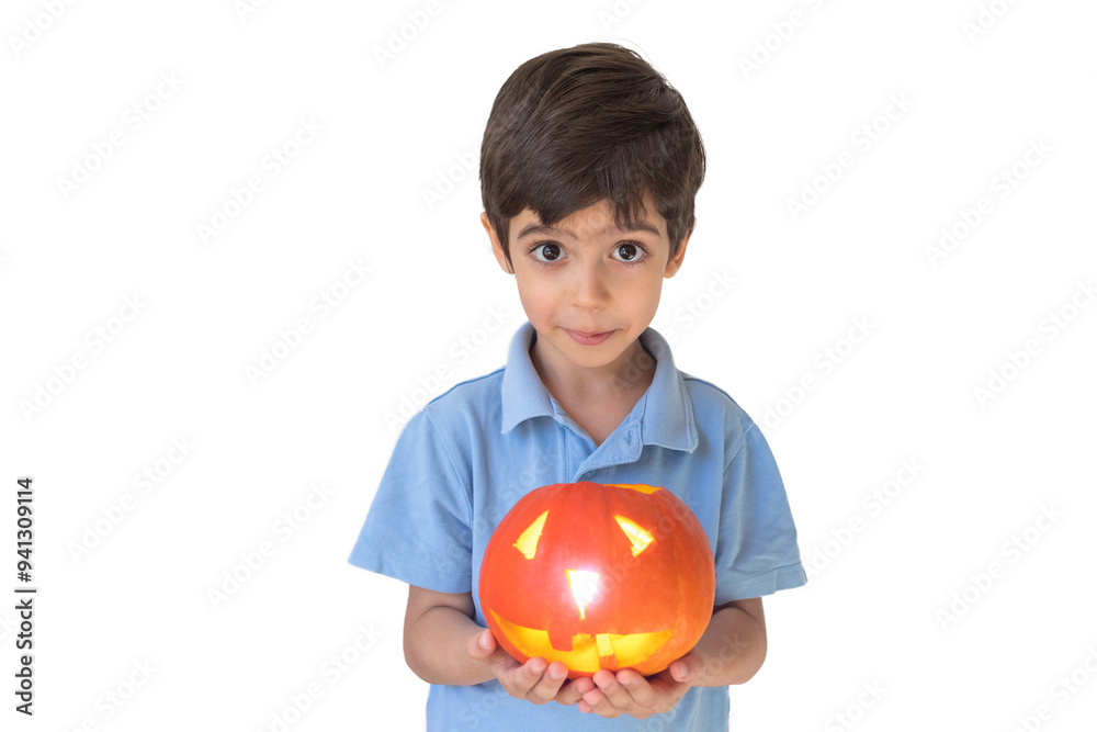 Boy with halloween pumpkin on white background. Holiday concept. Trick or treat. Jack O Lantern pumpkin Boy with halloween pumpkin on white background. Holiday concept. Trick or treat. Jack O Lantern pumpkin