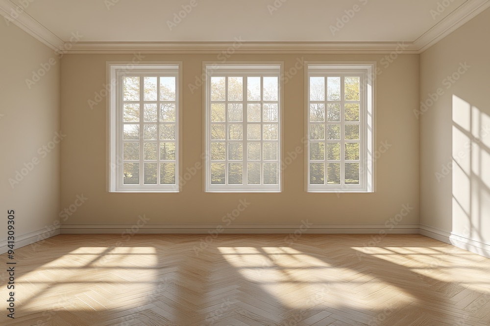 Fototapeta premium View from the corner of a room with panoramic windows showing a bright, empty interior