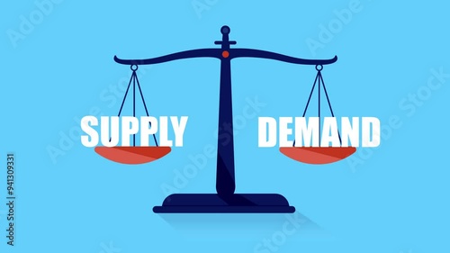Law of supply and demand - Weight scale balancing the supply of goods or services up and down. Flat design illustration animation in front view