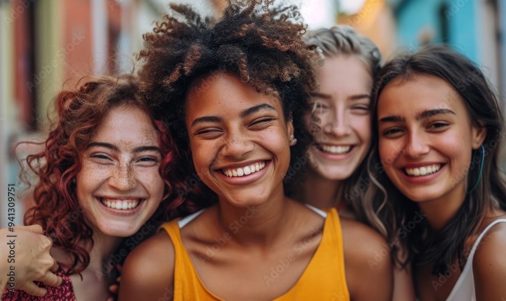 Multi ethnic group of young women hugging outside - Happy girlsfriends having fun laughing out loud on city street - Female community concept with cheerful girls standing together