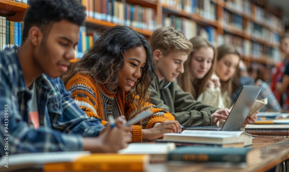 Multiracial university students sitting together at table with books and laptop - Happy young people doing group study in high school library - Life style concept with guys and girls in college campus Multiracial university students sitting together at table with books and laptop - Happy young people doing group study in high school library - Life style concept with guys and girls in college campus