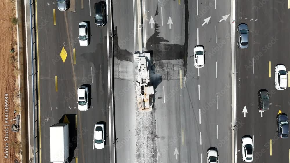 Concrete grinder demolishing a highway road barrier, Top down aerial Concrete grinder demolishing a highway road barrier, Top down aerial