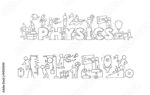 Wallpaper Mural Science background with word Physics, lab and scientists. Concept of school education, experiments, research with doodle people with magnet, laboratory equipment, vector hand drawn illustration Torontodigital.ca