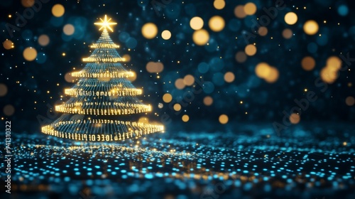 The futuristic scene includes a tree made out of light beams, surrounded by glowing blue and golden lights.