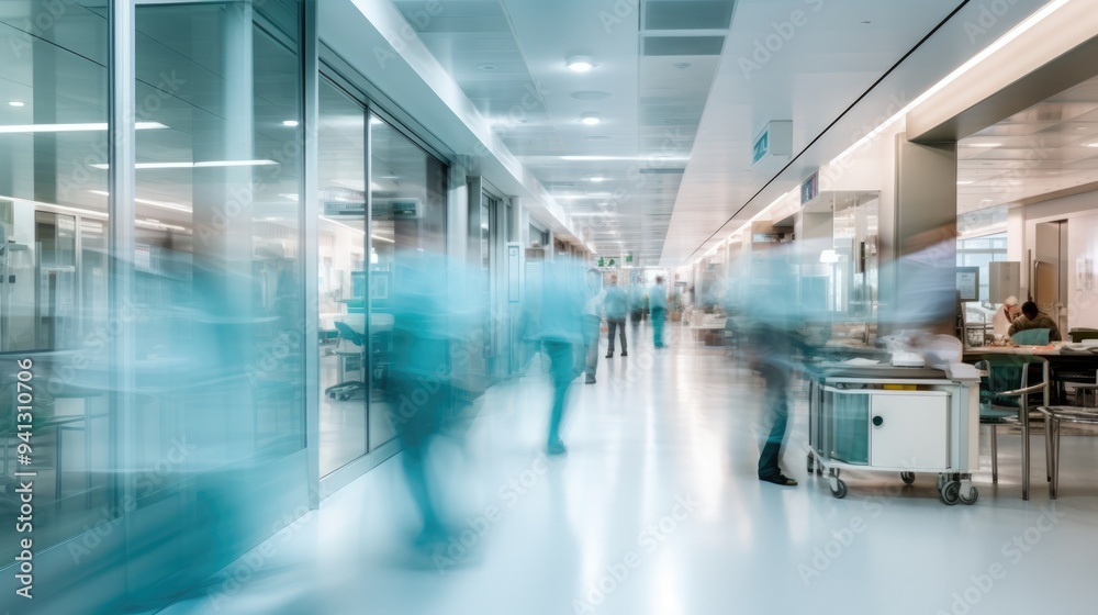 A motion blurred photograph of a hospital interior, doctor and staff working with fast movement A motion blurred photograph of a hospital interior, doctor and staff working with fast movement