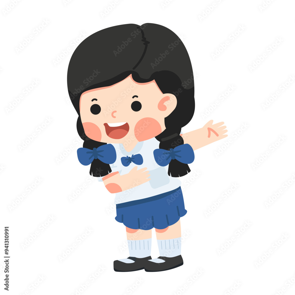Kid girl student welcome and cartoon character