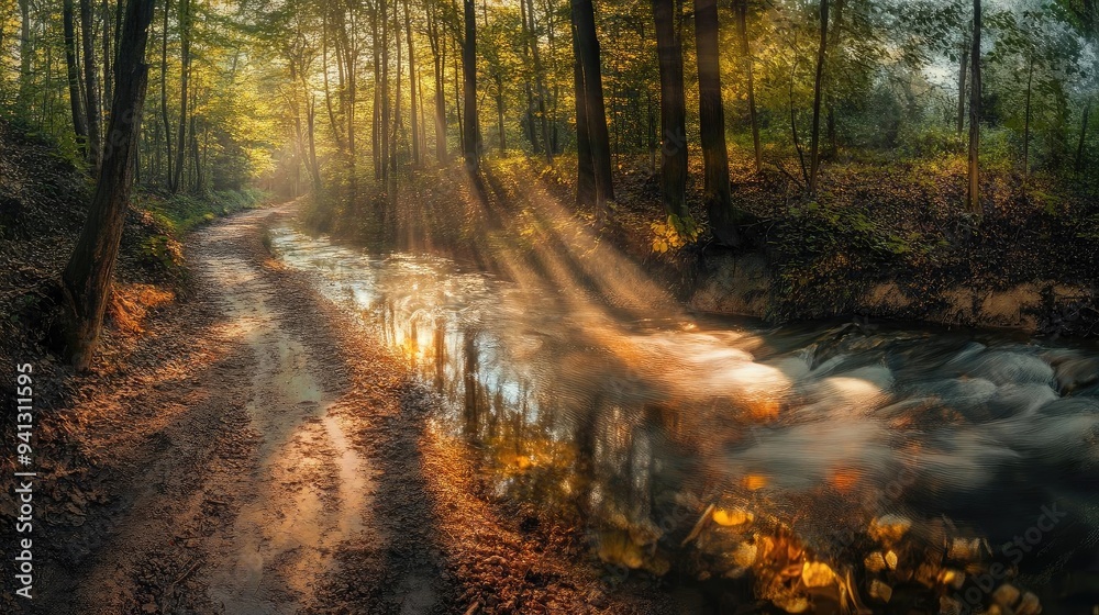 Obraz premium A serene forest path by a flowing stream, illuminated by soft sunlight filtering through the trees, showcasing nature's beauty.