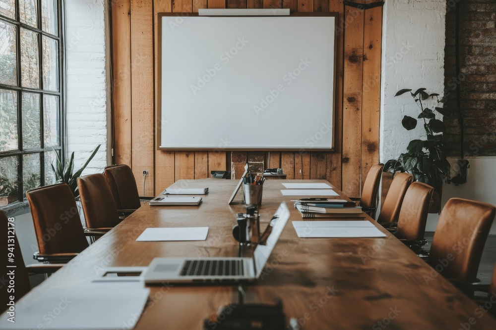 An office conference room with a mock up TV and a cozy meeting table An office conference room with a mock up TV and a cozy meeting table