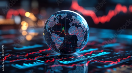 Global economic trends illustrated by digital globe and stock market graphs highlighting financial data on charts.
