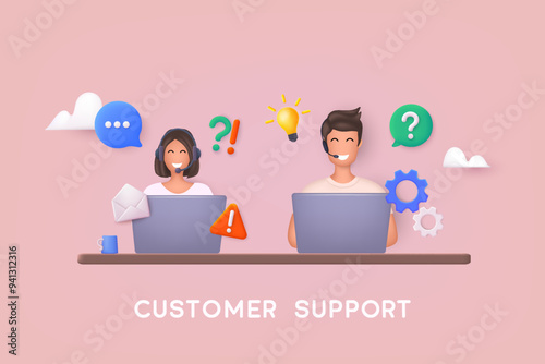 Customer service, call center. Online support center with person in headset with bubbles and laptop. 3D Web Vector Illustrations.