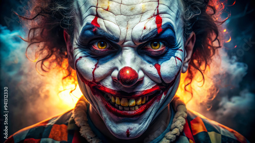 Evil Clown With Yellow Eyes In Smoke And Fire. photo