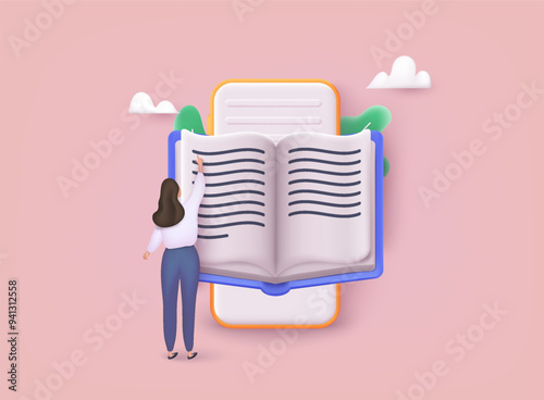 Online education on website and mobile application with book smartphone electronic library. 3D Web Vector Illustrations.