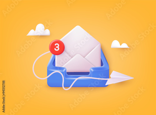 Email and messaging. Subscribe to newsletter banner template with letter envelope. Email business marketing concept. 3D Web Vector Illustrations.