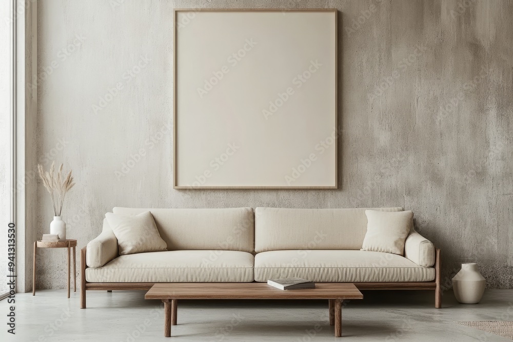 A modern living room mockup with large posters, textured walls, and accent decor. Urban chic. A modern living room mockup with large posters, textured walls, and accent decor. Urban chic.