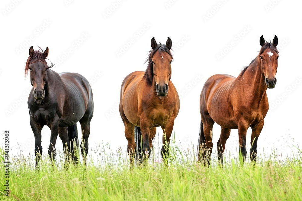 Three horses grazing together in a green meadow Three horses grazing together in a green meadow