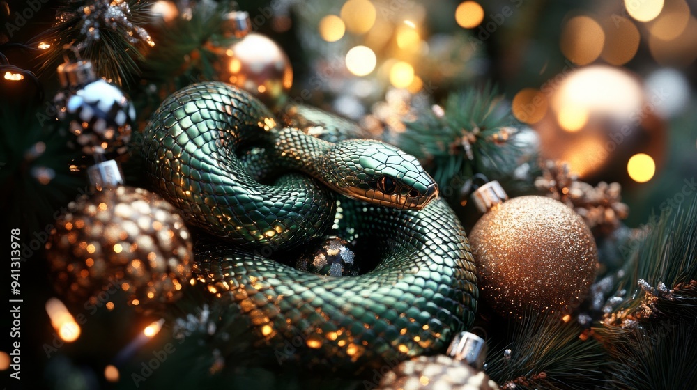 A green Christmas snake against a ball and branch background