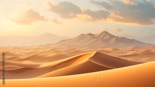 Desert sand dunes panorama at sunset. 3d render