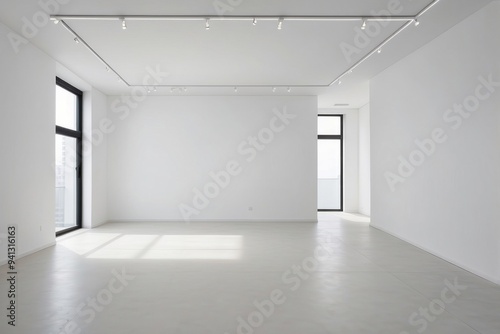 Empty White Room with Track Lighting and Windows