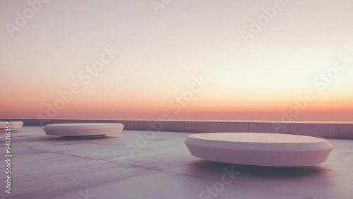 Modern minimalist rooftop with clean lines and soft pastel colors at sunrise