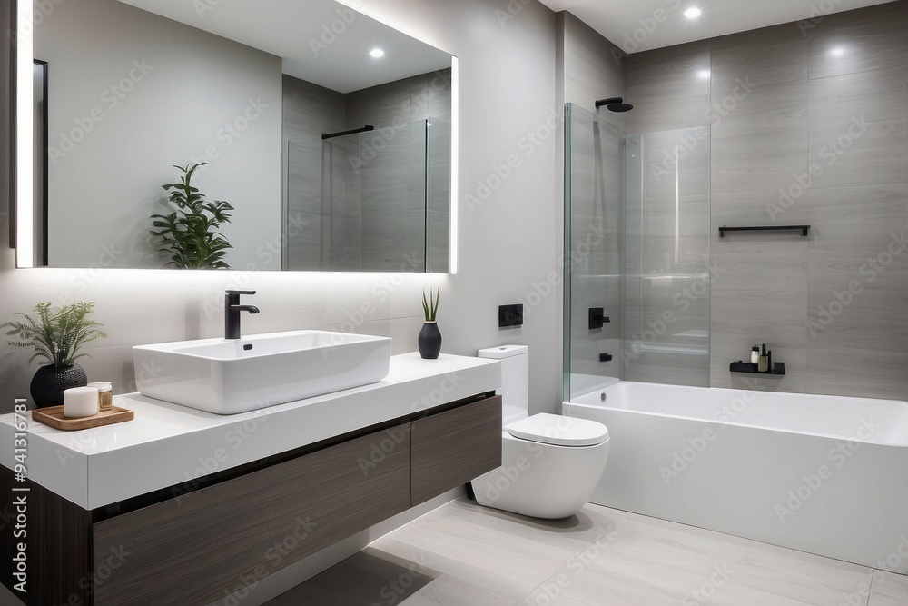Modern Bathroom with White Sink, Bathtub, and Toilet Modern Bathroom with White Sink, Bathtub, and Toilet