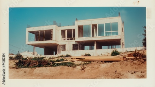 A Polaroid photo of an apartment building in the center , under construction