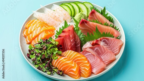 Sashimi plate with garnish, artistic presentation, flat design illustration