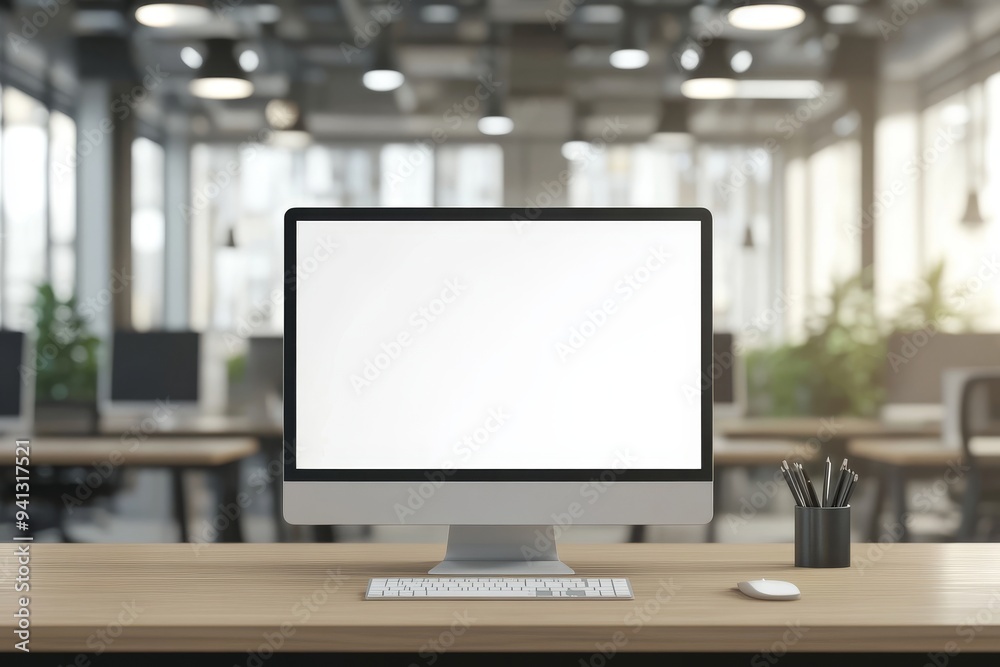 Business interior with computer on table and mockup screen Business interior with computer on table and mockup screen