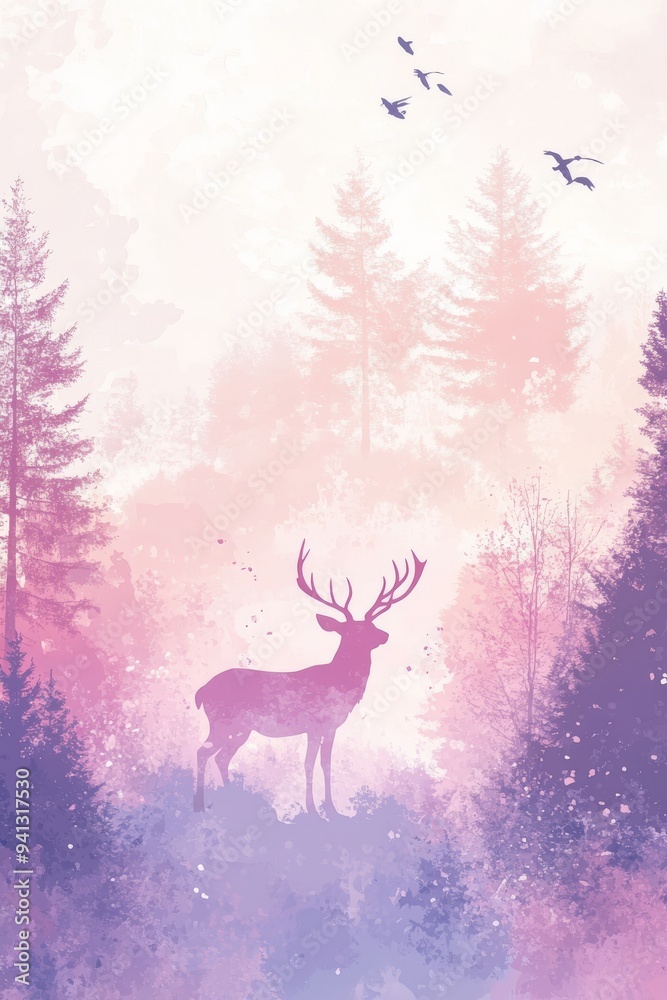 Snowy deer standing in a snowy forest, purple and orange colors, cozy illustration for Xmas and New Year cards, posters, backgrounds in the winter season