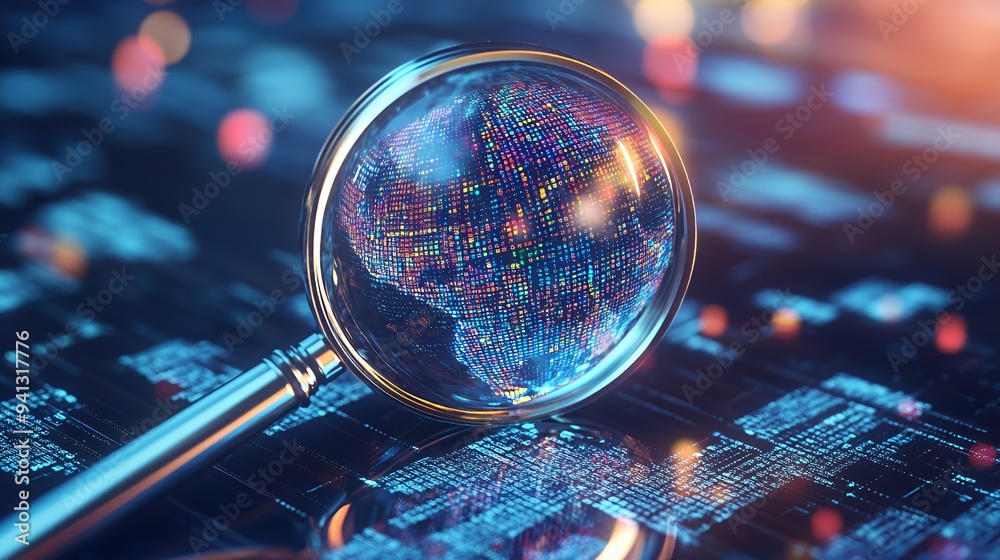 A magnifying glass focusing on a digital globe, symbolizing exploration and technology. A magnifying glass focusing on a digital globe, symbolizing exploration and technology.