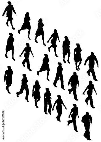 Set with silhouette of walking people isolated on white background. Men and women walking. Isometric view. Vector illustration.