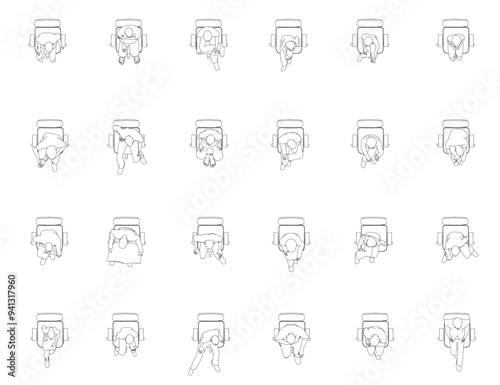 Set with outlines of people sitting in chairs in different positions from black lines isolated on white background. Men, women and children sitting in chairs. Top view. Vector illustration.