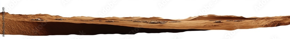 View of a sandy desert landscape with scattered dunes, stones, and sand dunes. Isolated on a blue sky background.